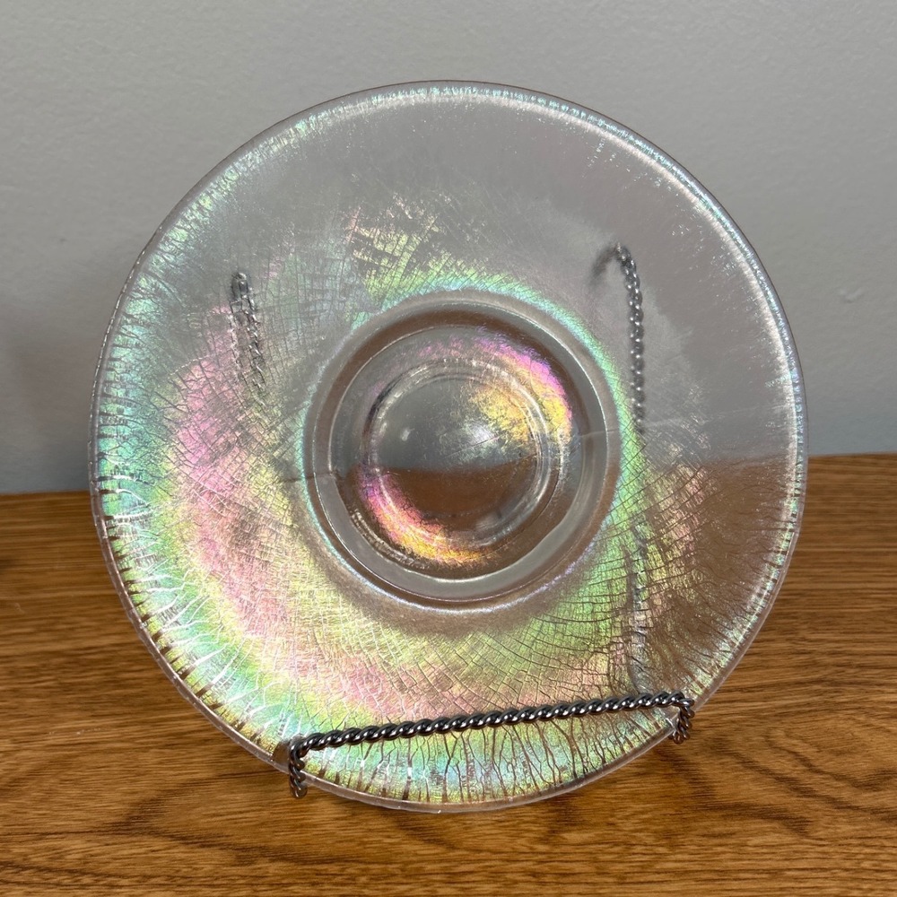 Iridescent Crackle Carnival Art Glass Round Plate Rainbow Luster MCM Boho VTG